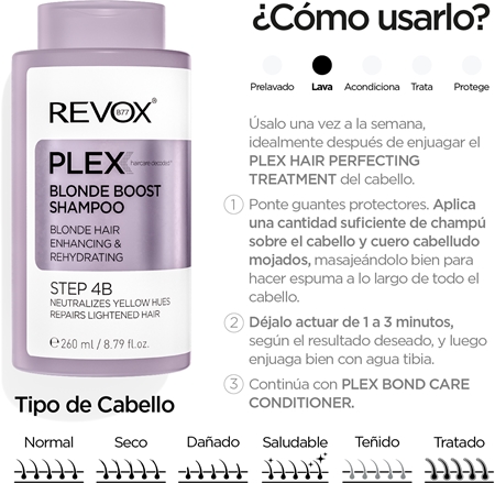 Revox B77 PLEX Blonde Boost Shampoo. Step 4B champú para neutralizar el tono amarillo para cabello rubio