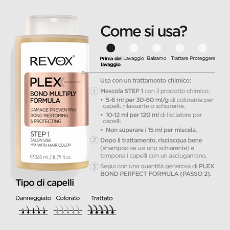Revox B77 PLEX Bond Multiply Formula. Step 1 trattamento protettivo per capelli rovinati, trattati chimicamente