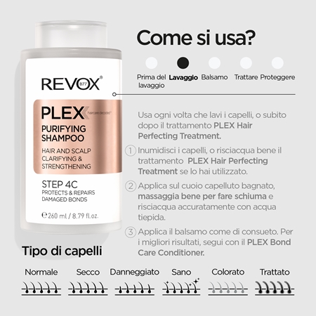 Revox B77 PLEX Purifying Shampoo. Step 4C shampoo detergente per rafforzare i capelli danneggiati