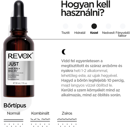 Revox B77 JUST AHA 30% + BHA 4% feszesítő hámlasztó szérum a bőr felszínének megújítására