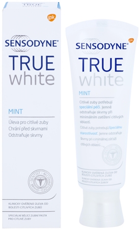 Sensodyne True White Mint bělicí pasta proti skvrnám na zubní sklovině pro citlivé zuby