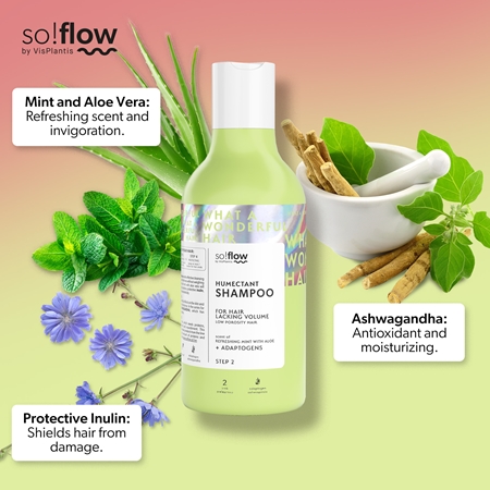 so!flow Low Porosity Hair Humectant Shampoo valomasis šampūnas apimtį praradusiems plaukams
