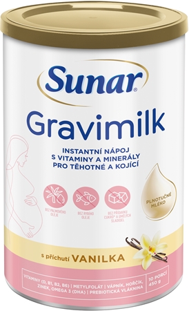 Sunar Gravimilk s příchutí vanilka rozpustný mléčný nápoj v prášku obohacený o vitaminy a minerální látky pro těhotné a kojící ženy