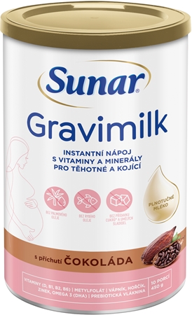 Sunar Gravimilk s příchutí čokoláda rozpustný mléčný nápoj v prášku obohacený o vitaminy a minerální látky pro těhotné a kojící ženy