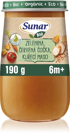 Sunar BIO zelenina, červená šošovica, kuracie mäso, olivový olej detský príkrm