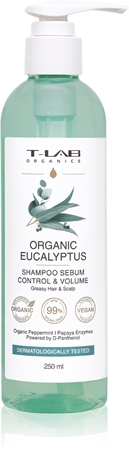 T-LAB Organics Eucalyptus Sebum Control & Volume Shampoo champô para couro cabeludo oleoso efeito calmante