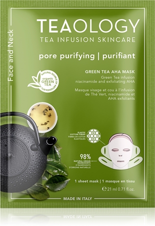 Teaology Face Mask Green Tea AHA plátýnková maska s čisticím a osvěžujícím účinkem na obličej a krk