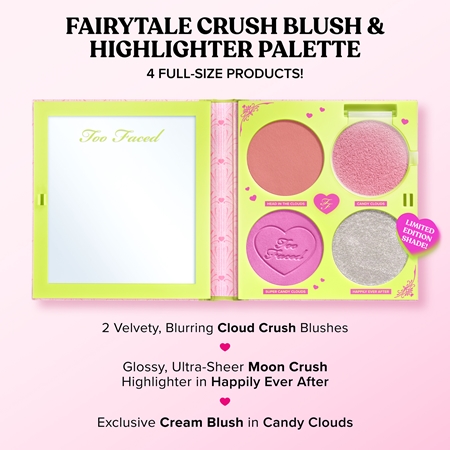Too Faced Holiday Fairytale Crush Blush & Highlighter Set kontūravimo priemonių ir skaistalų paletė su švytėjimo suteikiančia priemone