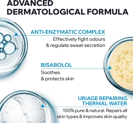 Uriage Hygiène Déodorant Puissance3 déodorant roll-on anti-traces blanches et jaunes