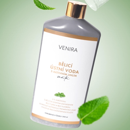 Venira Whitening Mouthwash with Active Charcoal valkaiseva suuvesi, sisältää aktiivihiiltä