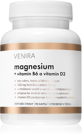 Venira Magnesium + B6 a vitamin D kapsle pro podporu normální činnosti nervové soustavy, svalů, zubů a snížení míry únavy
