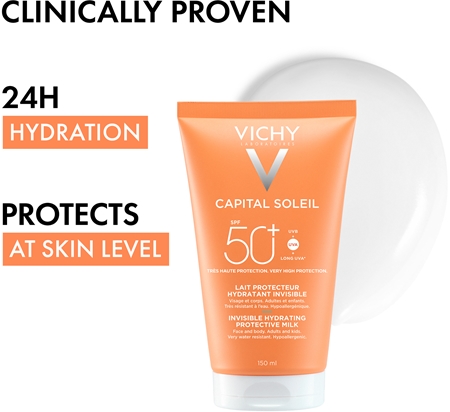 Vichy Capital Soleil Invisible Hydrating Protective Milk apsauginis pienelis veidui ir kūnui