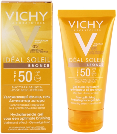 Vichy Idéal Soleil Bronze hydratačný gél-fluid na tvár optimalizujúci opálenie SPF 50