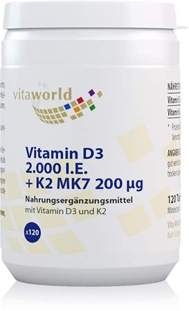 Vita World Vitamin D3 (2000 IE) + K2 MK7 (200 mcg) Tabletten für eine normale Funktion des Immunsystems, gesunde Knochen und Zähne und gute Muskelaktivität