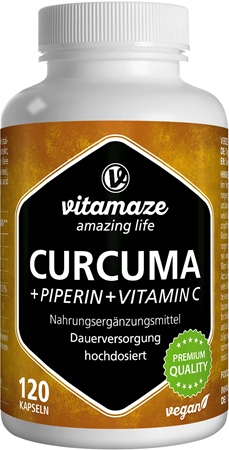 Vitamaze Kurkuma hochdosiert + Piperin + Vitamin C Nahrungsergänzungsmittel für Ihr Wohlbefinden