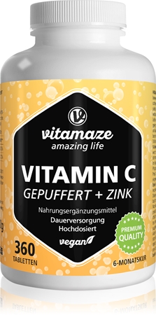 Vitamaze Vitamin C gepuffert + Zink Tabletten zur Unterstützung des Immunsystems