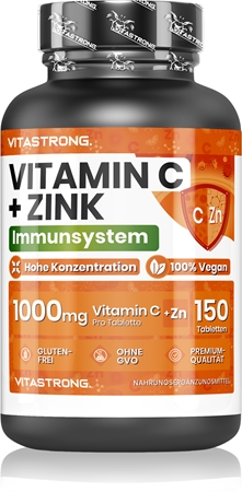 VITASTRONG Vitamin C + Zinc Tabletten zur Stärkung der Immunität, für ein optimales Wachstum sowie die richtige Knochenentwicklung