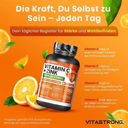 VITASTRONG Vitamin C + Zinc Tabletten zur Stärkung der Immunität, für ein optimales Wachstum sowie die richtige Knochenentwicklung