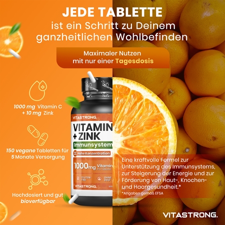 VITASTRONG Vitamin C + Zinc Tabletten zur Stärkung der Immunität, für ein optimales Wachstum sowie die richtige Knochenentwicklung