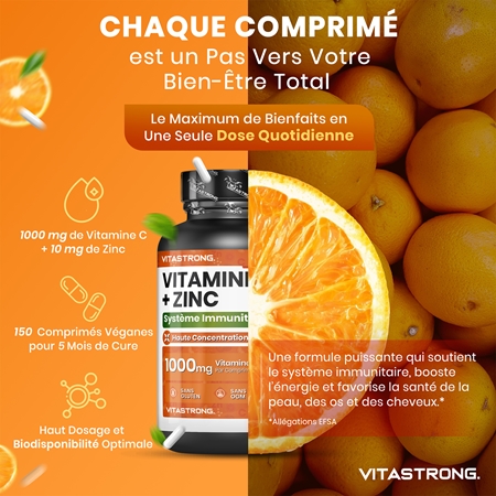 VITASTRONG Vitamin C + Zinc pastilles pour favoriser l’immunité, mais aussi la croissance et le développement optimal des os