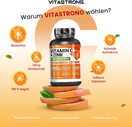 VITASTRONG Vitamin C + Zinc Tabletten zur Stärkung der Immunität, für ein optimales Wachstum sowie die richtige Knochenentwicklung