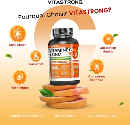 VITASTRONG Vitamin C + Zinc pastilles pour favoriser l’immunité, mais aussi la croissance et le développement optimal des os
