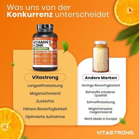 VITASTRONG Vitamin C + Zinc Tabletten zur Stärkung der Immunität, für ein optimales Wachstum sowie die richtige Knochenentwicklung