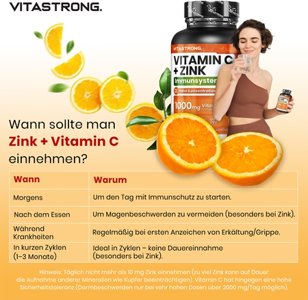 VITASTRONG Vitamin C + Zinc Tabletten zur Stärkung der Immunität, für ein optimales Wachstum sowie die richtige Knochenentwicklung