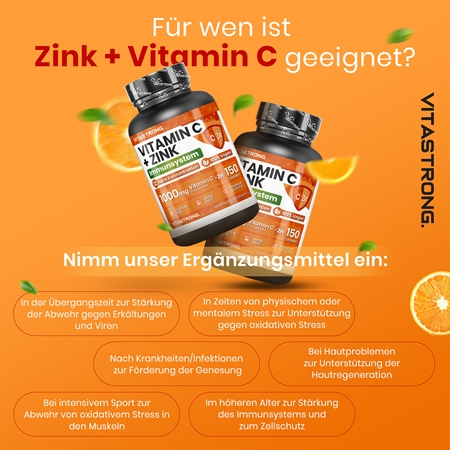 VITASTRONG Vitamin C + Zinc Tabletten zur Stärkung der Immunität, für ein optimales Wachstum sowie die richtige Knochenentwicklung