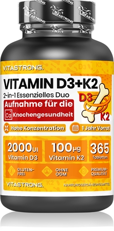 VITASTRONG Vitamin D3 + K2 Tabletten für eine normale Funktion des Immunsystems, gesunde Knochen und Zähne und gute Muskelaktivität