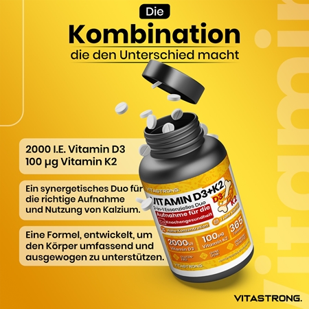 VITASTRONG Vitamin D3 + K2 Tabletten für eine normale Funktion des Immunsystems, gesunde Knochen und Zähne und gute Muskelaktivität