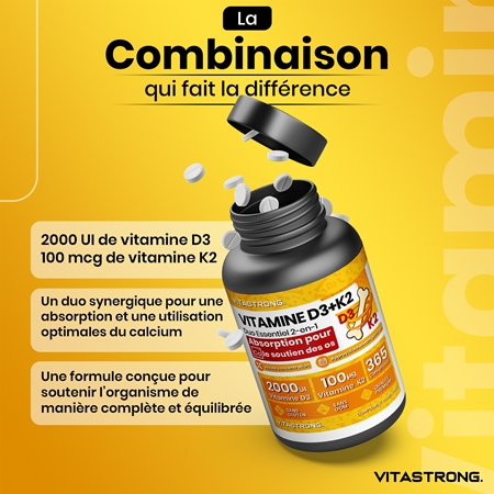 VITASTRONG Vitamin D3 + K2 pastilles pour la bonne santé du système immunitaire, des os et des dents et le bon fonctionnement des muscles