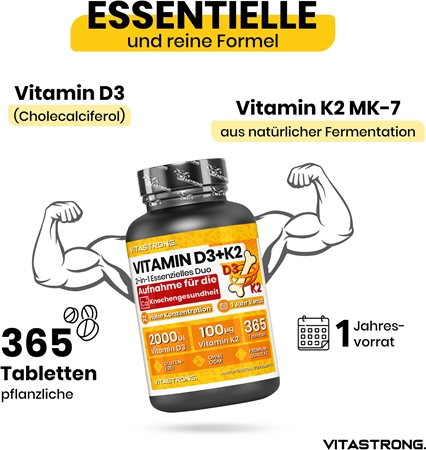 VITASTRONG Vitamin D3 + K2 Tabletten für eine normale Funktion des Immunsystems, gesunde Knochen und Zähne und gute Muskelaktivität