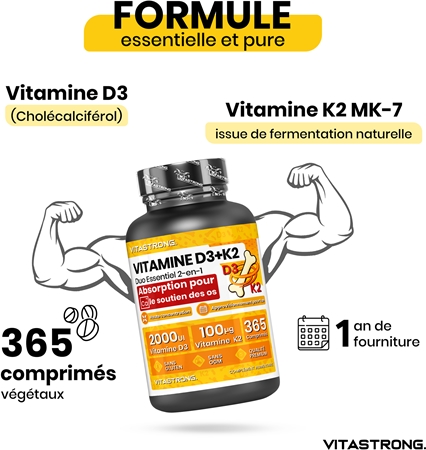 VITASTRONG Vitamin D3 + K2 pastilles pour la bonne santé du système immunitaire, des os et des dents et le bon fonctionnement des muscles