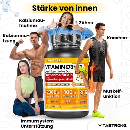 VITASTRONG Vitamin D3 + K2 Tabletten für eine normale Funktion des Immunsystems, gesunde Knochen und Zähne und gute Muskelaktivität