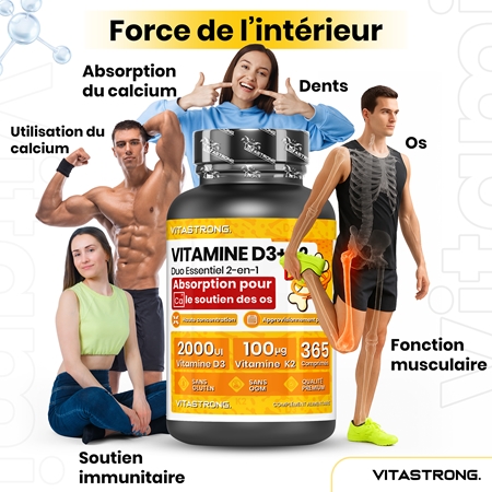 VITASTRONG Vitamin D3 + K2 pastilles pour la bonne santé du système immunitaire, des os et des dents et le bon fonctionnement des muscles