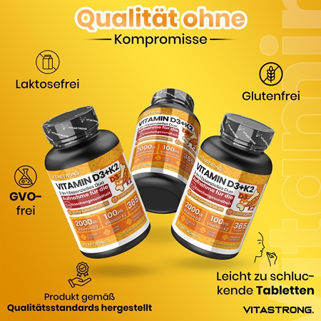 VITASTRONG Vitamin D3 + K2 Tabletten für eine normale Funktion des Immunsystems, gesunde Knochen und Zähne und gute Muskelaktivität