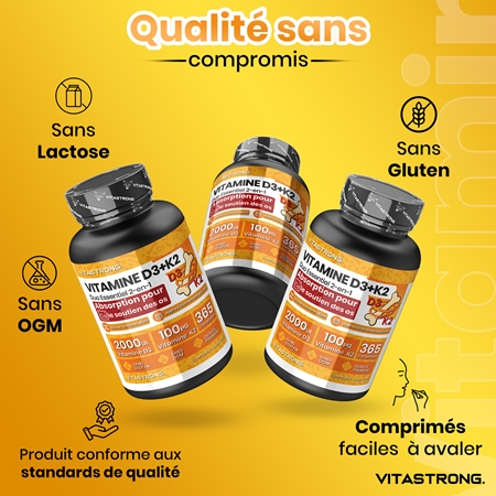 VITASTRONG Vitamin D3 + K2 pastilles pour la bonne santé du système immunitaire, des os et des dents et le bon fonctionnement des muscles