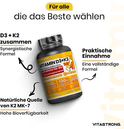 VITASTRONG Vitamin D3 + K2 Tabletten für eine normale Funktion des Immunsystems, gesunde Knochen und Zähne und gute Muskelaktivität