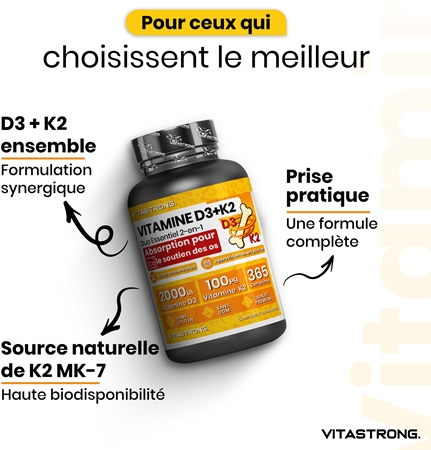 VITASTRONG Vitamin D3 + K2 pastilles pour la bonne santé du système immunitaire, des os et des dents et le bon fonctionnement des muscles
