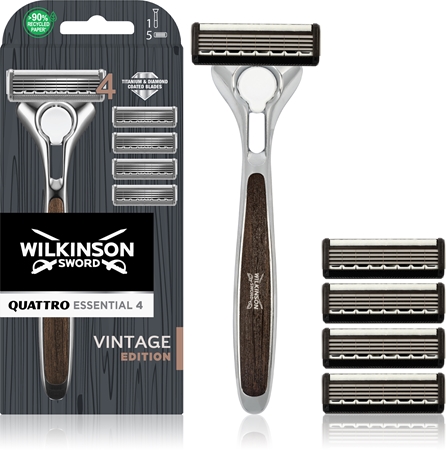 Wilkinson Sword Quattro Essential 4 Titanium Vintage Razor + Replacement Heads 5 pcs