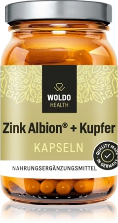 WoldoHealth® Zink Albion® + Kupfer Kapseln zur Unterstützung der Normalen Funktion des Organismus und einem gesunden Zustand der Haare und der Nägel