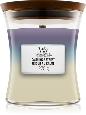 Woodwick Trilogy Calming Retreat dišeča sveča z lesenim stenjem