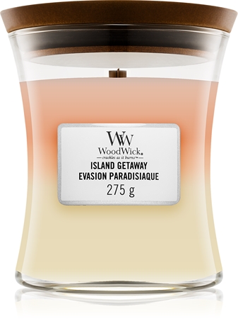 Woodwick Trilogy Island Getaway geurkaars met een houten lont