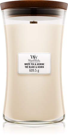 Woodwick White Tea & Jasmine candela profumata con stoppino in legno