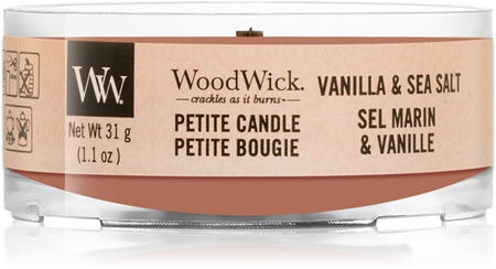Woodwick Vanilla & Sea Salt mala mirisna svijeća bez staklene posude s drvenim fitiljem