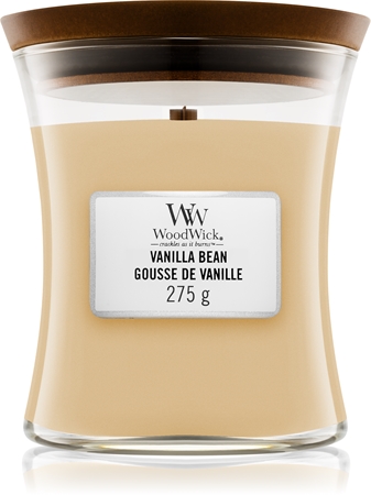 Woodwick Vanilla Bean tuoksukynttilä sisältää puusydämen