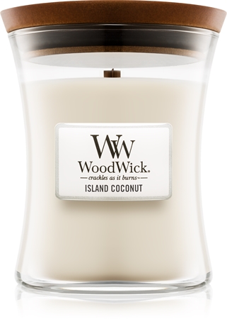 Woodwick Island Coconut tuoksukynttilä sisältää puusydämen