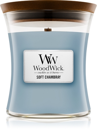 Woodwick Soft Chambray mirisna svijeća s drvenim fitiljem