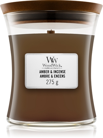 Woodwick Amber & Incense geurkaars met een houten lont